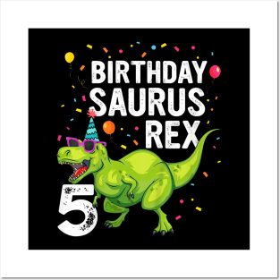 Kids 5 Year Old Birthday Boy Girl Dinosaur T Rex Family Matching Posters and Art